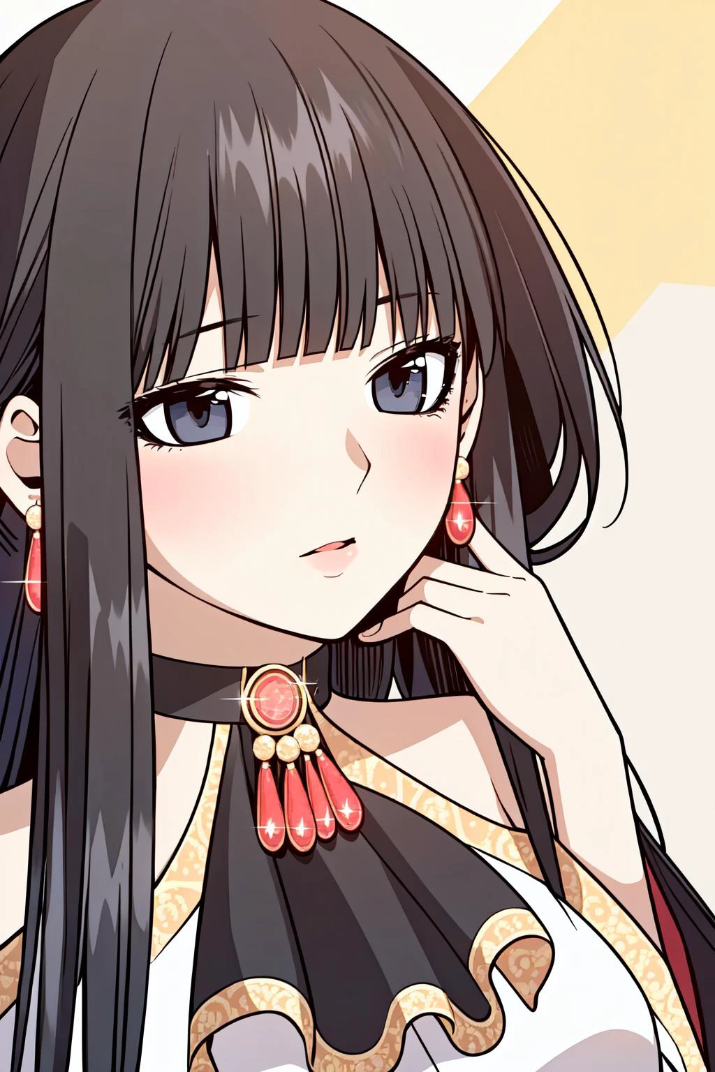 (masterpiece, best quality), intricate details,
1girl, <lora:Luna:0.8> 1girl, solo, black hair, long hair, blunt bangs, grey eyes, blush, collar, earrings,