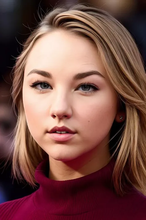 a photo of l1ly1vy, a woman (wearing a turtleneck jumper), on a premiere movie event, standing on the red carpet, (focus on face:1.2), (masterpiece:1.2), (photorealistic:1.2), (bokeh), (best quality), (detailed skin:1.2), (intricate details), (8k), (HDR), (cinematic lighting), (sharp focus), (close-up:1.4)