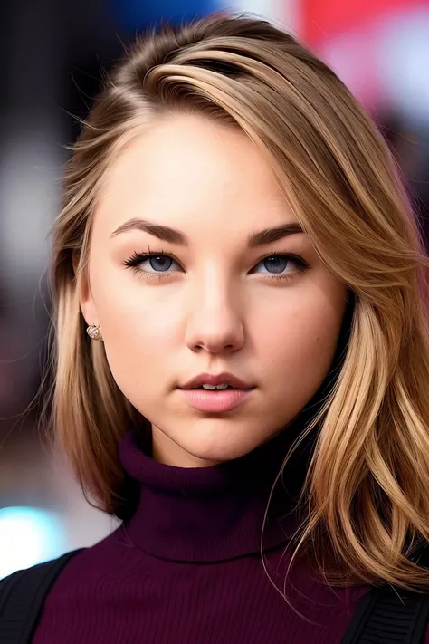 a photo of l1ly1vy, a woman (wearing a turtleneck jumper), on a premiere movie event, standing on the red carpet, (focus on face:1.2), (masterpiece:1.2), (photorealistic:1.2), (bokeh), (best quality), (detailed skin:1.2), (intricate details), (8k), (HDR), (cinematic lighting), (sharp focus), (close-up:1.4)