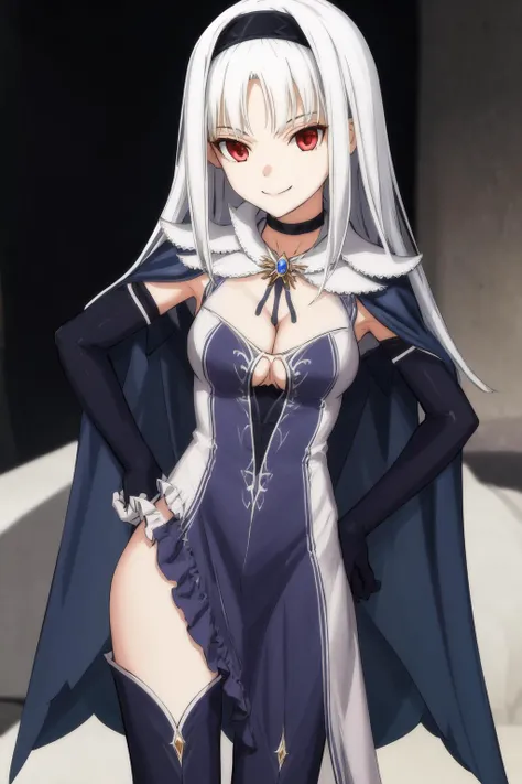 masterpiece, best quality, highres, 1girl aira blanc neige galdinius hairband, black elbow gloves blue dress cleavage frilled choker white cape black cape black thighhighs frills blue gemstone <lora:aira_blanc_neige_galdinius:1> hand on hip, smile