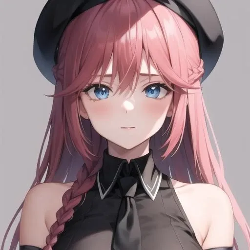 (masterpiece, best quality:1.2),illustration,8k,hd,1girl,solo,upper body,(portrait:1.2),very long hair,medium breasts,pink hair,braid,hat,beret,elbow gloves,black thighhighs,sleeveless,black gloves,black necktie,sleeveless shirt,large breasts,bare shoulders,pleated skirt,black skirt,white shirt,miniskirt,<lora:Asami Lilith>,