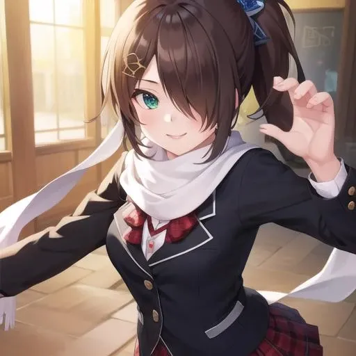 (masterpiece, best quality:1.2),illustration,8k,hd,1girl,solo,upper body,(portrait:1.2),aqua eyes,smile,scarf,hair ornament,brown hair,ponytail,skirt,school uniform,hair over one eye,long hair,thigh strap,plaid,black socks,asymmetrical legwear,fighting stance,loafers,dart hair ornament,<lora:Kazama Levi>,