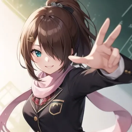 (masterpiece, best quality:1.2),illustration,8k,hd,1girl,solo,upper body,(portrait:1.2),aqua eyes,smile,scarf,hair ornament,brown hair,ponytail,skirt,school uniform,hair over one eye,long hair,thigh strap,plaid,black socks,asymmetrical legwear,fighting stance,loafers,dart hair ornament,<lora:Kazama Levi>,