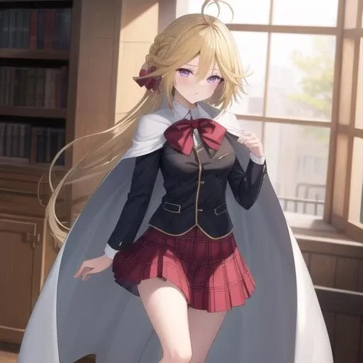 (masterpiece, best quality:1.2),illustration,8k,hd,1girl,solo,cowboy shot,black jacket,purple eyes,very long hair,blonde hair,hair between eyes,ahoge,braid,white cape,school uniform,jacket,long sleeves,plaid bow,red bow,bowtie,plaid skirt,pleated skirt,miniskirt,kneehighs,red skirt,black short socks,loafers,<lora:Yamana mira>,