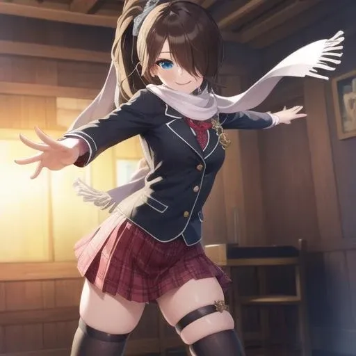 (masterpiece, best quality:1.2),illustration,8k,hd,1girl,solo,cowboy shot,aqua eyes,smile,scarf,hair ornament,brown hair,ponytail,skirt,school uniform,hair over one eye,long hair,thigh strap,plaid,black socks,asymmetrical legwear,fighting stance,loafers,dart hair ornament,<lora:Kazama Levi>,