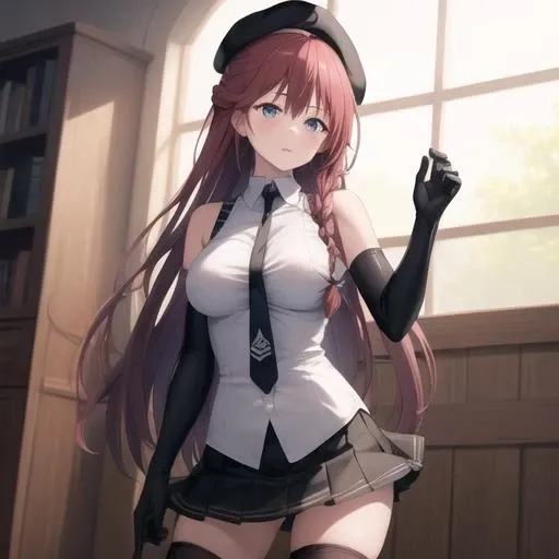 (masterpiece, best quality:1.2),illustration,8k,hd,1girl,solo,cowboy shot,very long hair,medium breasts,braid,hat,beret,elbow gloves,black thighhighs,sleeveless,black gloves,black necktie,white sleeveless shirt,large breasts,bare shoulders,pleated skirt,black skirt,white shirt,miniskirt,<lora:Asami Lilith>,