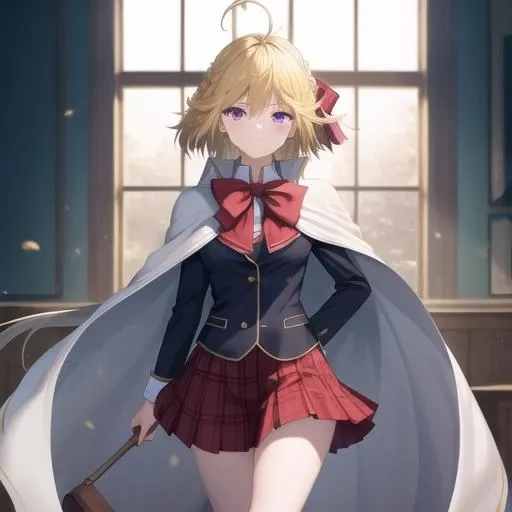 (masterpiece, best quality:1.2),illustration,8k,hd,1girl,solo,cowboy shot,blonde hair,braid,school uniform,ahoge,loafers,plaid skirt,purple eyes,pleated skirt,black socks,red skirt,very long hair,white cape,bowtie,long sleeves,miniskirt,bow,<lora:Yamana mira>,