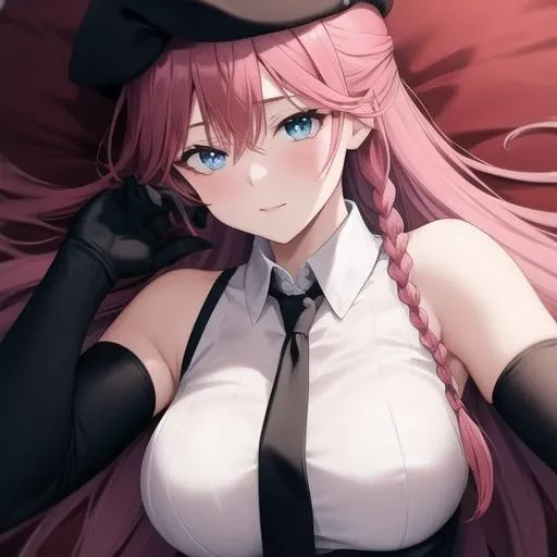 (masterpiece, best quality:1.2),illustration,8k,hd,1girl,solo,upper body,(portrait:1.2),very long hair,medium breasts,pink hair,braid,hat,beret,elbow gloves,black thighhighs,sleeveless,black gloves,black necktie,sleeveless shirt,large breasts,bare shoulders,pleated skirt,black skirt,white shirt,miniskirt,<lora:Asami Lilith>,