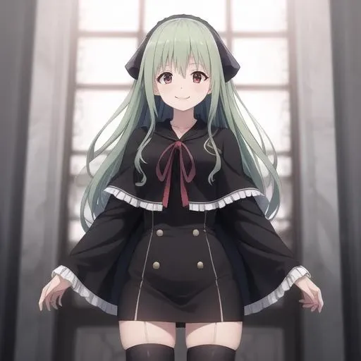 (masterpiece, best quality:1.2),illustration,8k,hd,absurdres,1girl,solo,cowboy shot,long hair,smile,zettai ryouiki,black thighhighs,dress,neck ribbon,looking at viewer,long sleeves,hair band,capelet,green hair,black dress,red eyes,ribbon,bangs,frills,loafers,<lora:Ilia_(trinity_seven)>,