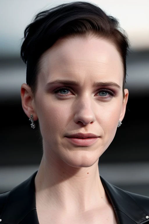 (CR-R4chelBrosnahan-frankyfrank2k:0.9), face closeup photo of woman, grey background, (slick undercut hair:1.0), (oiled shiny skin:1.0), (tilted angle shot:1.3),