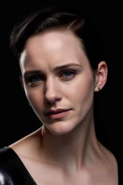 (CR-R4chelBrosnahan-frankyfrank2k:0.9), face closeup photo of woman, grey background, (slick undercut hair:1.0), (oiled shiny skin:1.0), (tilted angle shot:1.3), (tilted head pose:1.0),