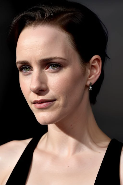 (CR-R4chelBrosnahan-frankyfrank2k:0.9), face closeup photo of woman, grey background, (slick undercut hair:1.0), (oiled shiny skin:1.0), (tilted angle shot:1.3),