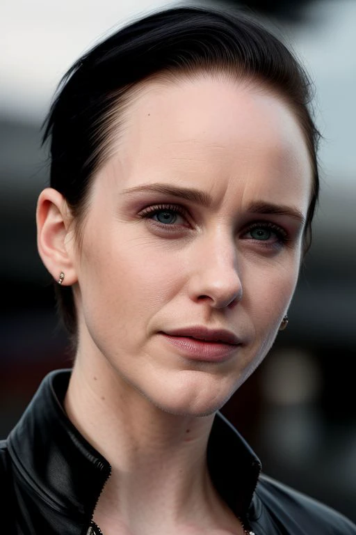 (CR-R4chelBrosnahan-frankyfrank2k:0.9), face closeup photo of woman, grey background, (slick undercut hair:1.0), (oiled shiny skin:1.0), (tilted angle shot:1.3),