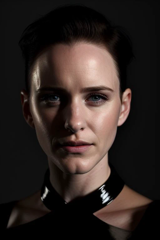 (CR-R4chelBrosnahan-frankyfrank2k:0.9), photo of woman, grey background, (slick undercut hair:1.0), (oiled shiny skin:1.0), soft lighting,