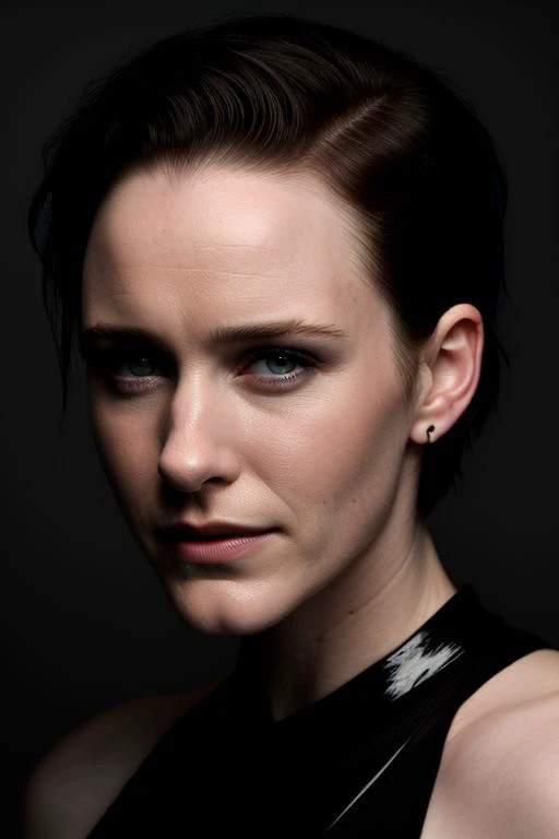 (CR-R4chelBrosnahan-frankyfrank2k:0.9), photo of woman, grey background, (slick undercut hair:1.0), (oiled shiny skin:1.0), soft lighting,
