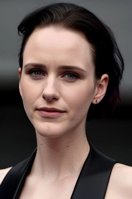 (CR-R4chelBrosnahan-frankyfrank2k:0.9), face closeup photo of woman, grey background, (slick undercut hair:1.0), (oiled shiny skin:1.0), (tilted angle shot:1.4),