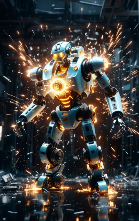 sparks, an exploding full body mechanical translucent robot, dismantled, floating parts, shattered, highly detailed, cinematic, motion blur, scifi atmosphere <lora:sparks-xl:1.2>