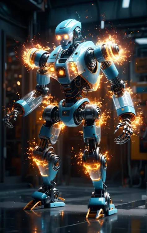 sparks, a full body mechanical translucent robot, highly detailed, cinematic, motion blur, scifi atmosphere <lora:sparks-xl:1>