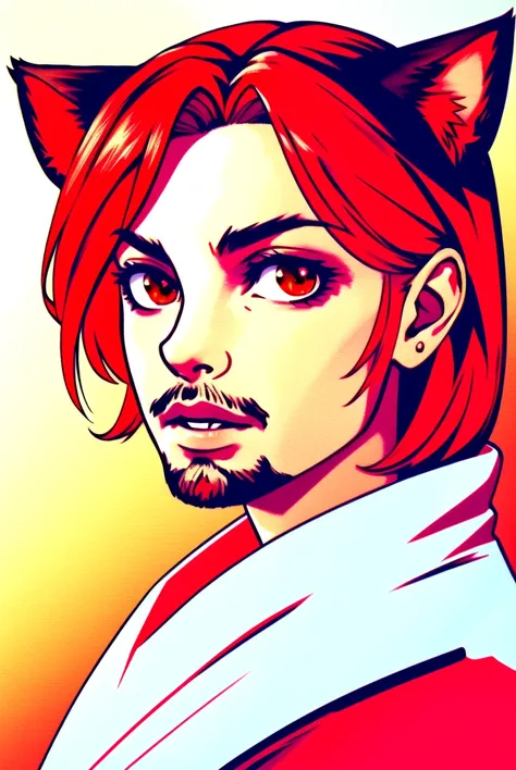 (masterpiece, best quality, ultra-detailed, highres, best illustration),perfect face, ((solo, solo focus)),sidelighting, lustrous skin,(bloom), (shine), ray tracing,solo,solo,animal ears, 1boy, solo, male focus, facial hair,red eyes , looking at viewer, beard, red hair, mustache, wings, lips,cat ears,depth_of_field,very detailed background,extreme light and shadow,(detailed eyes), (beautiful) beautiful detailed eyes, perfect lighting , perfect anatomy,(extremely detailed illustrated 8k wallpaper),(masterpiece), (best quality), (ultra-detailed), (best illustration),(best shadow) , vivid colors,