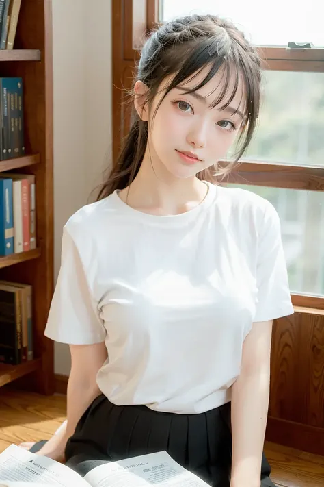 (4k, best quality), (realistic, photo-realistic),(vgirl),
1girl, solo,upper body, black hair, head tilt,
(looking_at_viewer),smile,sitting,arms behind back,
white shirt,
indoors,book, window,
<lora:vgirl_v11:0.7>