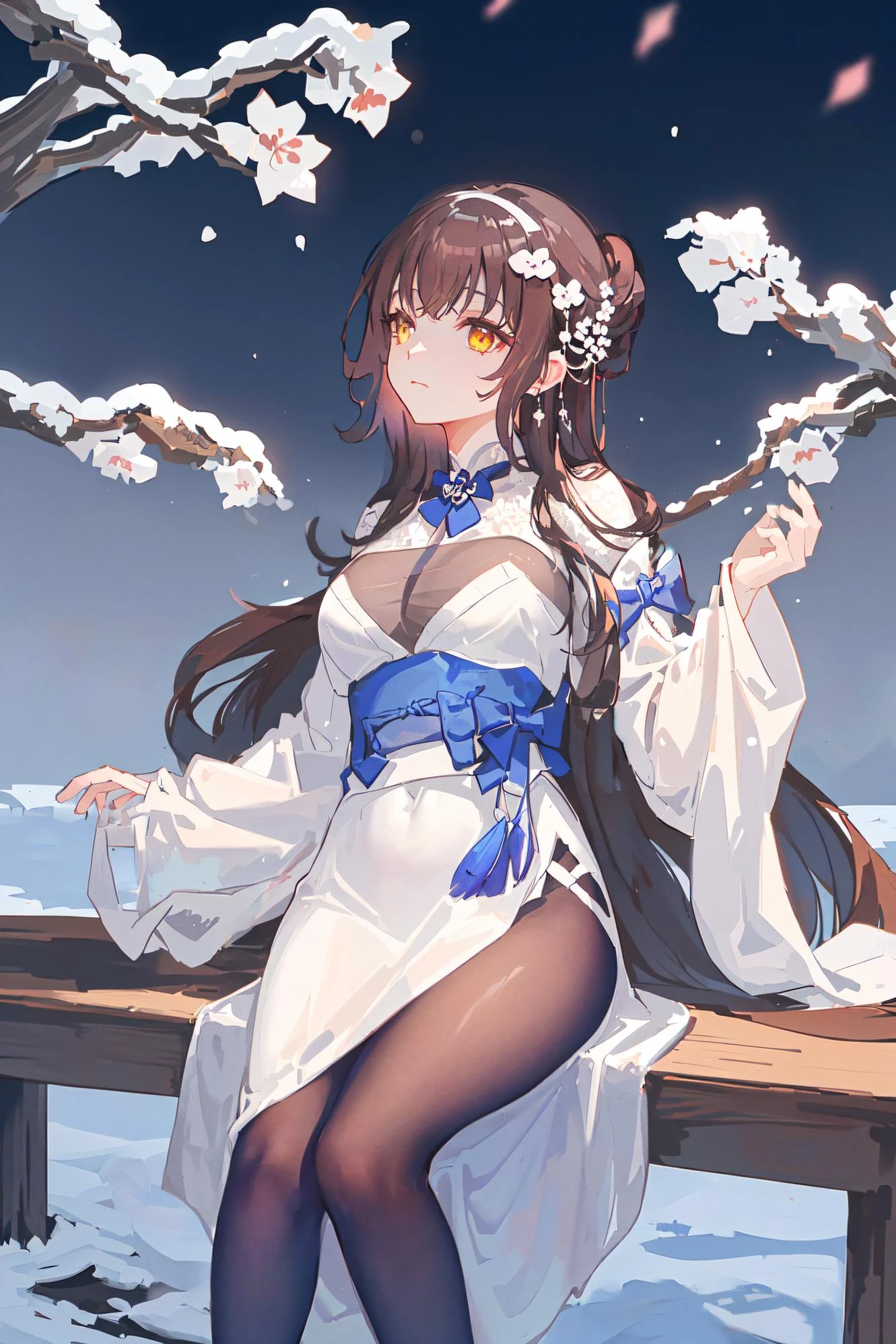 (masterpiece), (best quality),1girl, black_legwear, <lora:DAIYAN:0.9>,classicism , (Gloomy dim yellow light),bare_tree, ï¼bokeh, branch, sakura blossoms, depth_of_field, detached_sleeves, long_hair, motion_blur, petals, snow, snowflake_print, snowflakes, snowing, solo, tree, winter, plum blossom,Girl looks at sakura blossoms in snow ï¼plum blossom,