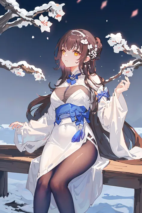 (masterpiece), (best quality),1girl, black_legwear, <lora:DAIYAN:0.9>,classicism , (Gloomy dim yellow light),bare_tree, ï¼bokeh, branch, sakura blossoms, depth_of_field, detached_sleeves, long_hair, motion_blur, petals, snow, snowflake_print, snowflakes, snowing, solo, tree, winter, plum blossom,Girl looks at sakura blossoms in snow ï¼plum blossom,