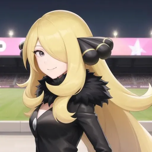<lora:character_pokemon_cynthia_v3:0.7> (stadium), night, 1girl, character_pokemon_cynthia, solo, standing, cowboy shot, hair over one eye, looking at viewer, smile, closed mouth, hands on hips, fur-trimmed coat, fur collar, hair ornament, v-neck, pants