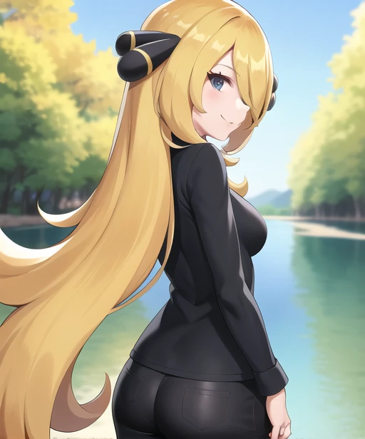 lake, 1girl, character_pokemon_cynthia, solo, standing, from behind, from side, hair over one eye, looking at viewer, looking back, smile, closed mouth, v-neck, long sleeves, pants, hair ornament <lora:pokemon_cynthia:.5>