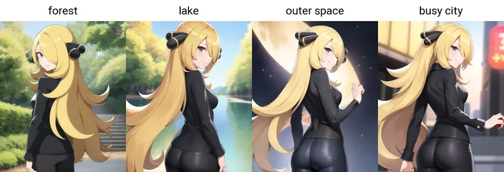 forest, 1girl, character_pokemon_cynthia, solo, standing, from behind, from side, hair over one eye, looking at viewer, looking back, smile, closed mouth, v-neck, long sleeves, pants, hair ornament <lora:pokemon_cynthia:.5>