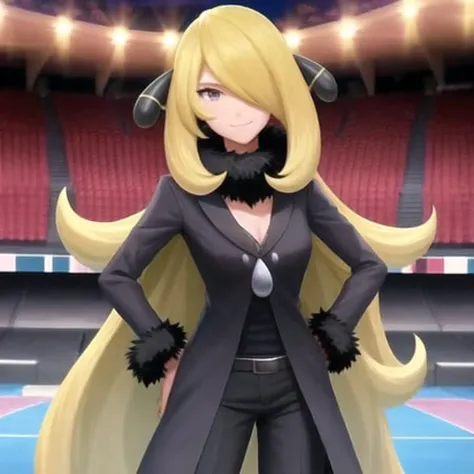 <lora:character_pokemon_cynthia_v3:0.7> (stadium), night, 1girl, character_pokemon_cynthia, solo, standing, cowboy shot, hair over one eye, looking at viewer, smile, closed mouth, hands on hips, fur-trimmed coat, fur collar, hair ornament, v-neck, pants