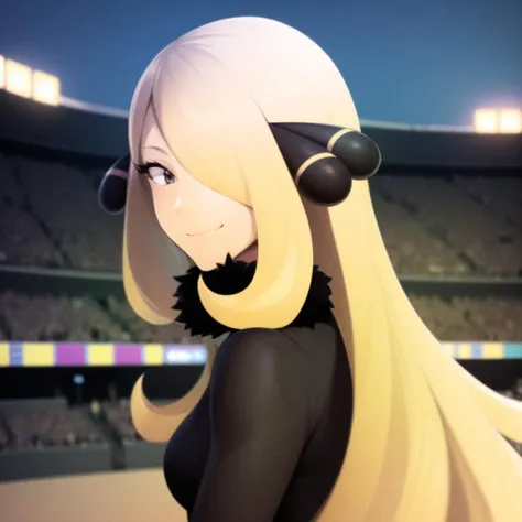<lora:character_pokemon_cynthia_v4:1> cynthia \(pokemon\), (stadium, crowd, night:1.2), 1girl, solo, portrait, straight-on, from side, hair over one eye, looking at viewer, smile, closed mouth, fur-trimmed coat, fur collar, hair ornament,