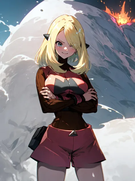 best quality,<lora:add_detail:0.3>, (1girl, solo:1.1, adult female, mature female), <lora:concept_goodHands:1>, <lora:detailed_eyes:1>,
<lora:character_cynthiaPokemon_(cynthia (pokemon)):0.8>, cynthia \(pokemon\), (long blond hair, hair over one eye:1.1, hair ornaments:1.1), musuclar, leg muscles, 
 <lora:concept_costume_teamMagma_(tmgoutfit--hood--fake horns):1>, tmgoutfit, evil smile, narrowed eyes, skirt, red clothes, crossed arms, cowboy shot, lowered hood, large breasts, (volcano background, detailed background, eruption background)