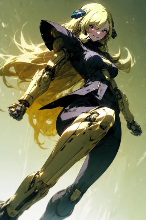 best quality,<lora:add_detail:0.3>, (1girl, solo, adult female, mature female), <lora:concept_goodHands:1>, <lora:detailed_eyes:1>,
<lora:character_cynthiaPokemon_(cynthia (pokemon)):0.9>, cynthia \(pokemon\), (hair ornaments), long blond hair, hair over one eye, muscular, leg muscles, biceps, 
<lora:style_ebonyGoldAI_(ebonygoldai):0.6>, ebonygoldai armor, ebonygoldai mecha girl, robot joints, smirk, 
<lora:concept_AMechaSSS[color_theme,mecha musume, mechanical parts,robot joints,headgear]:0.8>, action pose, movement, dynamic pose, ebonygoldai skirt, long hair,