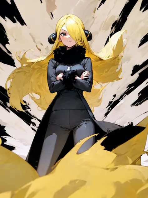 best quality,<lora:add_detail:0.3>, (1girl, solo, adult female, mature female), <lora:concept_goodHands:1>,
<lora:character_cynthiaPokemon_(cynthia (pokemon)):0.9>, cynthia \(pokemon\), hair ornaments, hair over one eye, blond hair, black fur-trimmed coat, pants,
explosion background, windy, crossed arms