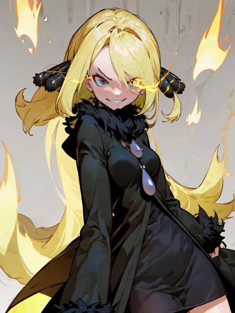 best quality,<lora:add_detail:0.3>, (1girl, solo, adult female, mature female),
<lora:character_cynthiaPokemon_(cynthia (pokemon)):0.9>, cynthia \(pokemon\), black fur-trimmed coat, hair ornaments, hair over one eye, blond hair,
<lora:concept_flamingEye_(flaming eye--eye trail):1>, eye trail, flaming eye, predatory smirk, menacing, low angle, cowboy shot, blue flames,