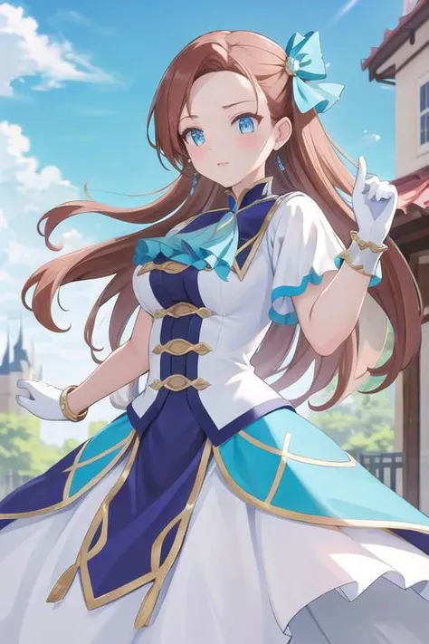 masterpiece, (Best quality:1.2), highres, (scenary:1.2), light, 1girl, solo, KatarinaClaes, asymmetrical bangs, earrings, hair bow, blue dress, long dress, high collar, ascot, brooch, white gloves, bracelet, scenary /( Royalty castle/), ruffles,