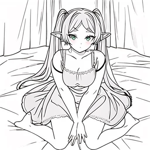 masterpiece , high quality, monochrome,grayscale,
adult lady,
(gray straight hair:1.5), (midium breasts),
(wariza:1.3),
(camisole dress:1.6),(panties:1.7)
(Room Curtains:1.3),(cute room), on the mattress, From above, looking at viewer, full body, barefoot <lora:animeoutlineV4_16:1> <lora:JibakuFrierenv2:1>
frieren, 1girl, earrings, elf, long hair, pointy ears, solo, twintails, green eyes, earrings, white hair, looking at viewer,