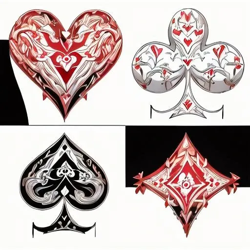a set of poker symbols, a spade, a heart, a club, a diamond, (white background:1.2), detailed, painter theme, masterpiece, best quality <lora:poker_symbol:1.0>