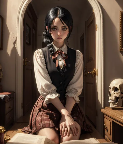 (Natural, organic, candid verité)
(best quality, 8k digital cartoon, masterpiece, perfect face), A -adothic girl living in a spooky house waits for you to tell you tales of mystery and horror. She lives in the spooky house with her pet raven and together they go on adventures. The girl wears a plaid skirt, white knee high socks, a red vest and a white shirt, her black hair is in a pony tail held in a ribbon with a skull-shaped bead, macabre atmosphere, palette [voilet|red|black|grey|white] 
(In the style of George Tooker, Paul Cadmus, Jared French), (Slice of life, semi-fantastic, dramatically mundane)