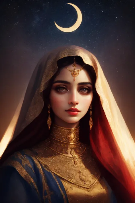 ((detailed)), ((masterpiece)), ((best quality)), ((Impressive)), Stunning, ((Impressive)), Woman, Middle Eastern, Arab, Middle Easterner, Digital design, Digital painting, Continuous light, Crescent light, Loop shadow, Good depth of field, Optimal aperture