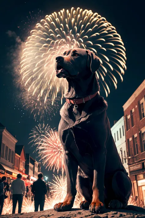 In the velvety night, a deadly stillness enveloped the town. Suddenly, the sky ignited with red bursts of fireworks, casting an eerie glow. Among the onlookers stood a majestic mastiff, his stoic gaze fixed on the mesmerizing spectacle. The vibrant explosions mirrored the fiery determination in the canine's eyes. As the booms echoed, the town came alive, turning the once deadly silence into a cacophony of color and sound—a boondoggle of brilliance against the backdrop of the mysterious night.