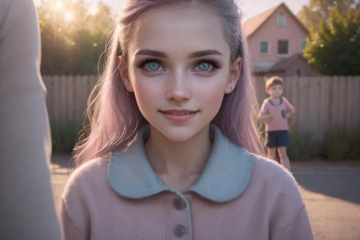 Modern suburb, outdoors, (very Cheerful children), (RAW photo, photography, photorealism), style of Brandon Woelfel, style of Jovana Rikalo, (direct eye contact with viewer), 8k UHD, DSLR, (HDR), [pink|mauve|light blue|lavender], Sunlight, natural lighting, outdoor light, 58mm, f/1.4G lens, f/8, iso 100, Neighborhood setting, [non-Euclidian geometry:1]