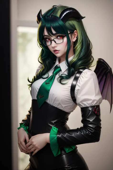 fashion portrait photo, Modern Masterpiece, Winged Succubus secretary standing in an office, (wearing glasses), (Small dark green and black colored wings on her back), (Dark green hair: 1.2), glowing red eyes, (dark green leather bodice), (white cotton long puffy sleeve blouse: 1.1), (small maroon silk tie), (black ram horns: 1.1), office setting, depth of field, taken on a Dallmeier medium format camera