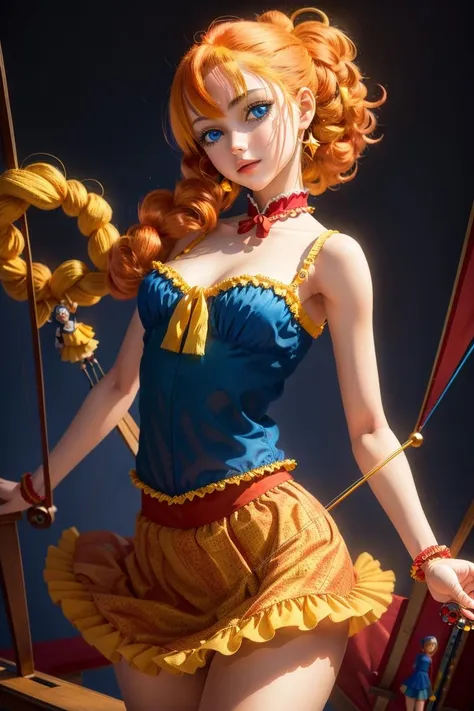 (best quality, masterpiece, perfect imagery, beautiful and (best quality, masterpiece, perfect imagery, beautiful and aesthetic:1.2, colorful, dynamic angle, highest detail), ((a pretty marionette girl)), humanoid, (wooden head, wooden body:1.0), (yellow yarn hair), (blue eyes), (red felt short skirt), (blue camisole), dancing suggestively, exotic dancing, gentleman's club setting, (high contrast, official art, extreme detail, highest detail)