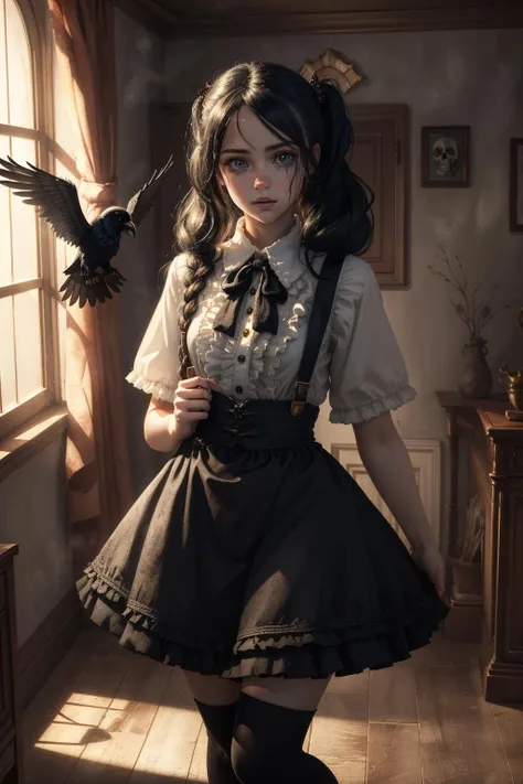 (best quality, 8k digital cartoon, masterpiece, perfect face), A pre-adolescent gothic girl living in a spooky house waits for you to tell you tales of mystery and horror. She lives in the spooky house with her pet raven and together they go on adventures. The girl wears a plaid skirt, white knee high socks, a red vest and a white shirt, her black hair is in a pony tail held in a ribbon with a skull-shaped bead, macabre atmosphere, palette [voilet|red|black|grey|white] (soft light, dramatic light, sharp, HDR) 