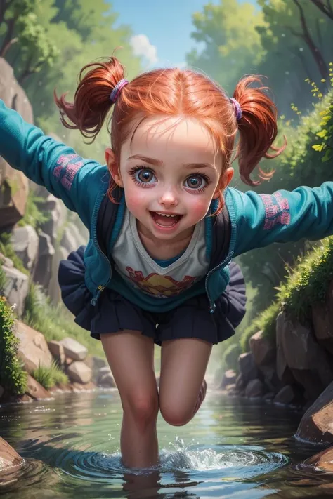 Modern Masterpiece, 8k digital painting, (action shot), magical realism, A young child playing by a creek, she has red hair in pigtails, is missing one tooth, and is very cute, sidelighting, excellent detailing, detailed faces, unconventional perspective, (attention to design), attention to mood, (attention to composition), (visual narrative),(high artistic skill), (high artistic ability), (expert craftsmanship)