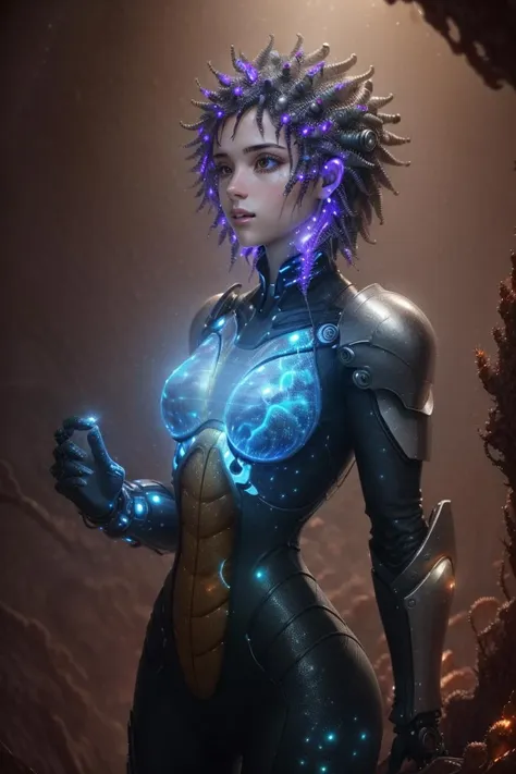 A digital painting depicting a young woman living in the bio-punk world maintaining humanity, Bio punk, a world where man and machinery are melded through biological organisms, biomechanical, hive mind, repurposed muscles, enhanced sensory organs, enhanced limbs, armor made from bone and chitin, high definition, volumetric lighting, bioluminescence, high visual impact