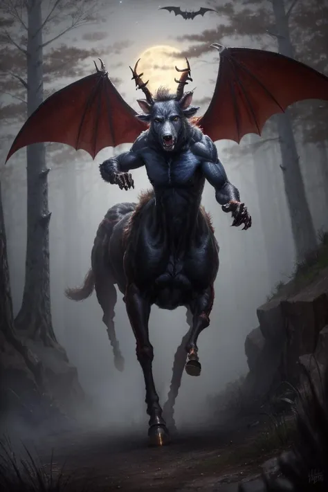 Masterpiece, digital painting, (monster, (bipedal:1), [canine head|equine head|horns], (hooves), bat wings, Flying biped with hooves, snarling, red eyes), HDR, night, fog , pine barrens background, vibrant color palette, moonlight volumetric lighting