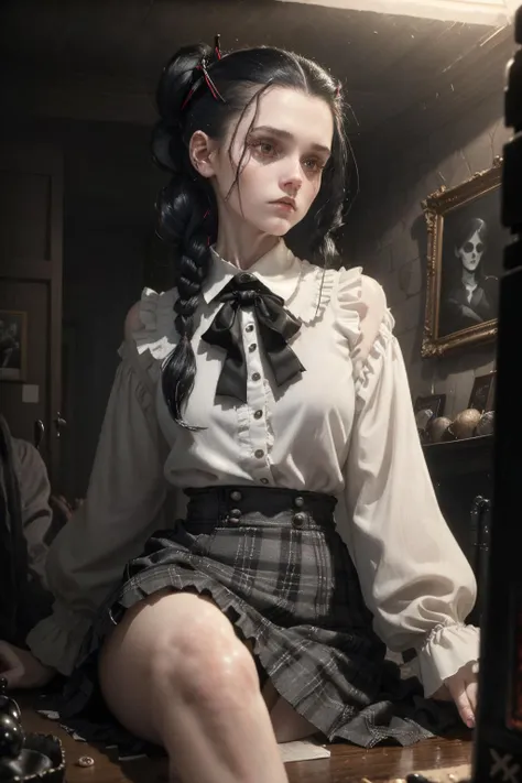 (Natural, organic, candid verité)
(best quality, 8k digital cartoon, masterpiece, perfect face), A pre-adolescent gothic girl living in a spooky house waits for you to tell you tales of mystery and horror. She lives in the spooky house with her pet raven and together they go on adventures. The girl wears a plaid skirt, white knee high socks, a red vest and a white shirt, her black hair is in a pony tail held in a ribbon with a skull-shaped bead, macabre atmosphere, palette [voilet|red|black|grey|white] 
(In the style of George Tooker, Paul Cadmus, Jared French), (Slice of life, semi-fantastic, dramatically mundane)
