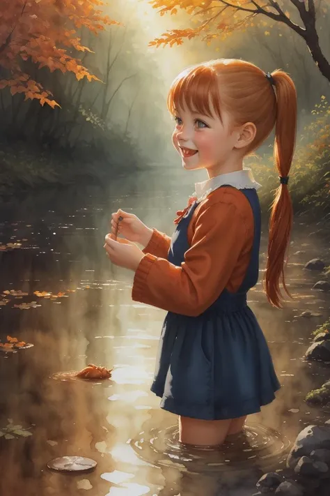 A happy young female child with ginger hair in pigtails, [watercolor, illustration], magic realism, style of Alex Andreev, moderate detail, [playing in a creek], [autumnal palette], [natural lighting]